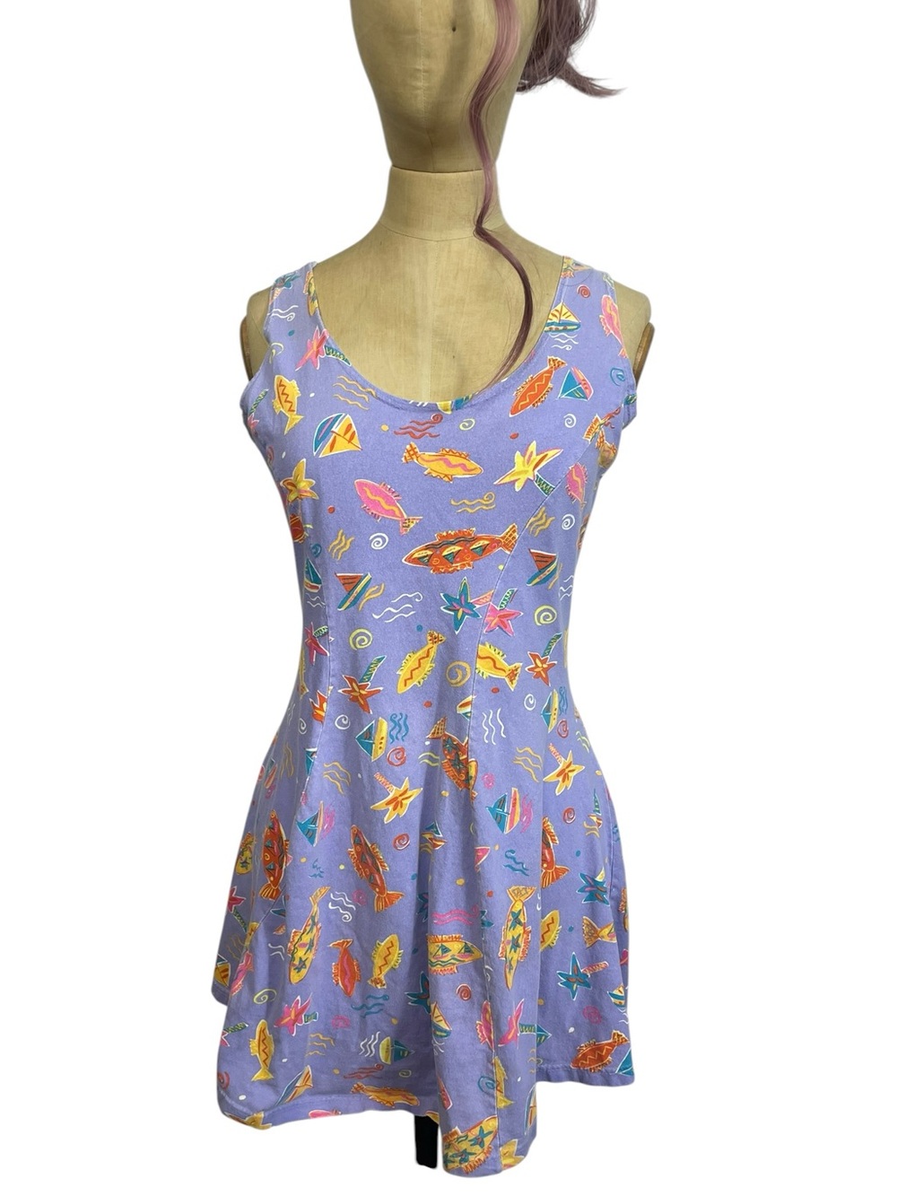 VTG iCaNtoo Novelty Print Dress Sea Fish Purple MED Sport 90s Cruise Vacation